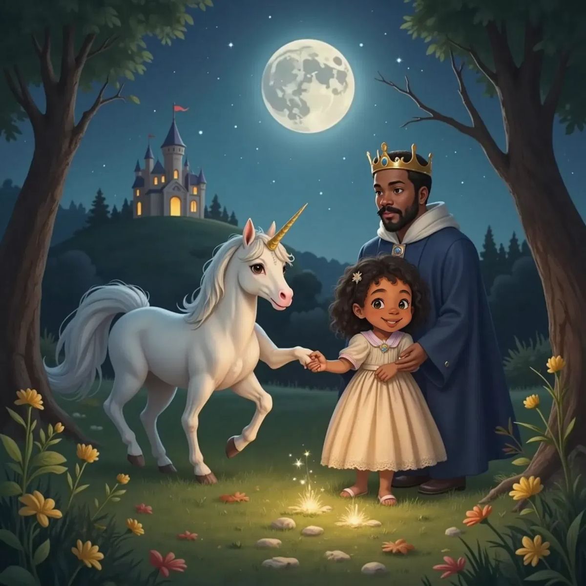 Princess Tahailia and King Terry holding hands in a moonlit meadow, following a trail of glowing star-shaped footprints. A gentle unicorn with a shimmering white coat leads the way, leaves scattered on the ground.