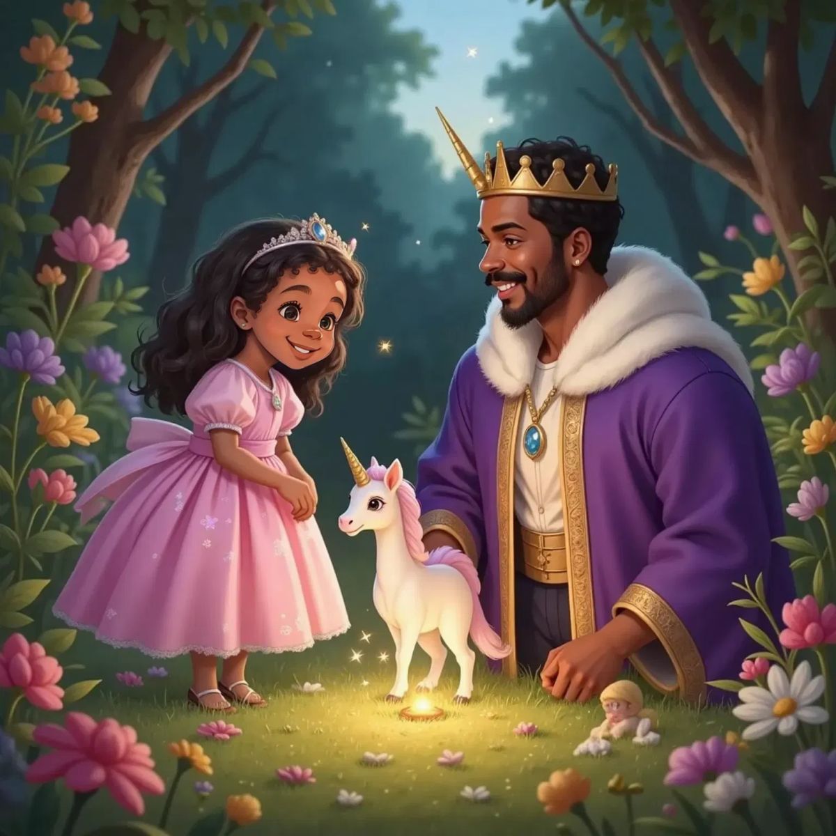 A gentle unicorn with a shimmering white coat bowing before Princess Tahailia and King Terry in a glowing meadow. Fairies with tiny crowns swirl on colorful flower petals around them, moonbeams sparkling on their cheeks.