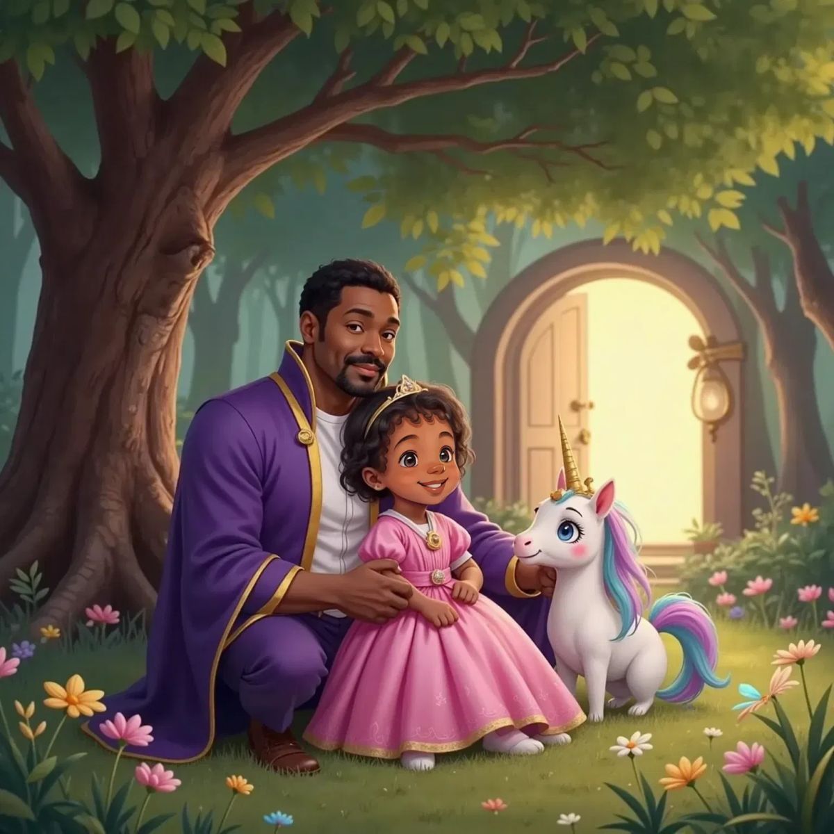 Princess Tahailia snuggling close to King Terry under a moonbeam tree with sparkling branches. The gentle unicorn with a shimmering white coat nuzzles her, while fairies sing softly nearby, the glowing door visible in the background.