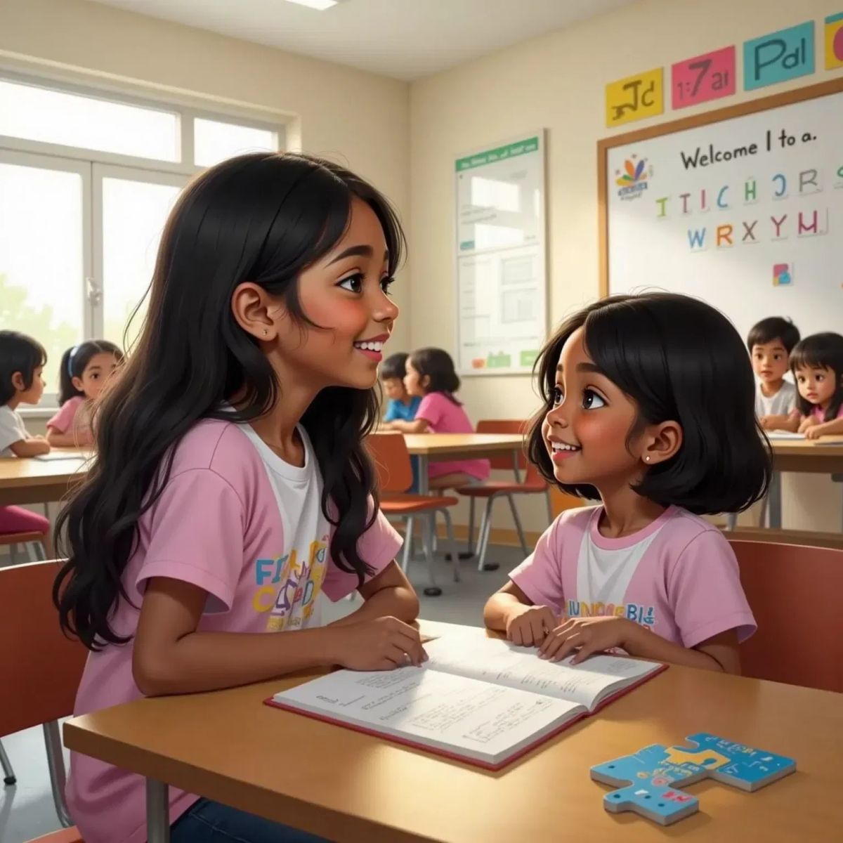 Amianan, an 8yo little girl with long black hair, smiling gently at Mirasol, an 8yo little girl with medium black hair, who sits alone at a desk in a classroom. Mirasol has a shy smile. A few kids sit together at another desk in the background.