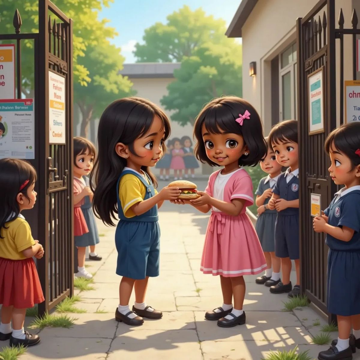 Amianan, an 8yo little girl with long black hair, handing a sandwich to Mirasol, an 8yo little girl with medium black hair, at the school gate. Mirasol's eyes shine with gratitude. Other children watch from a distance.