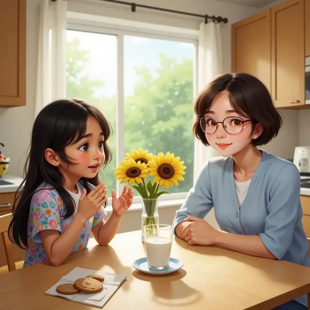 Amianan, an 8yo little girl with long black hair, sitting at a kitchen table with Mrs. Ramos, a 35yo woman with gentle features. Mrs. Ramos listens attentively, kitchen cabinets in the background.
