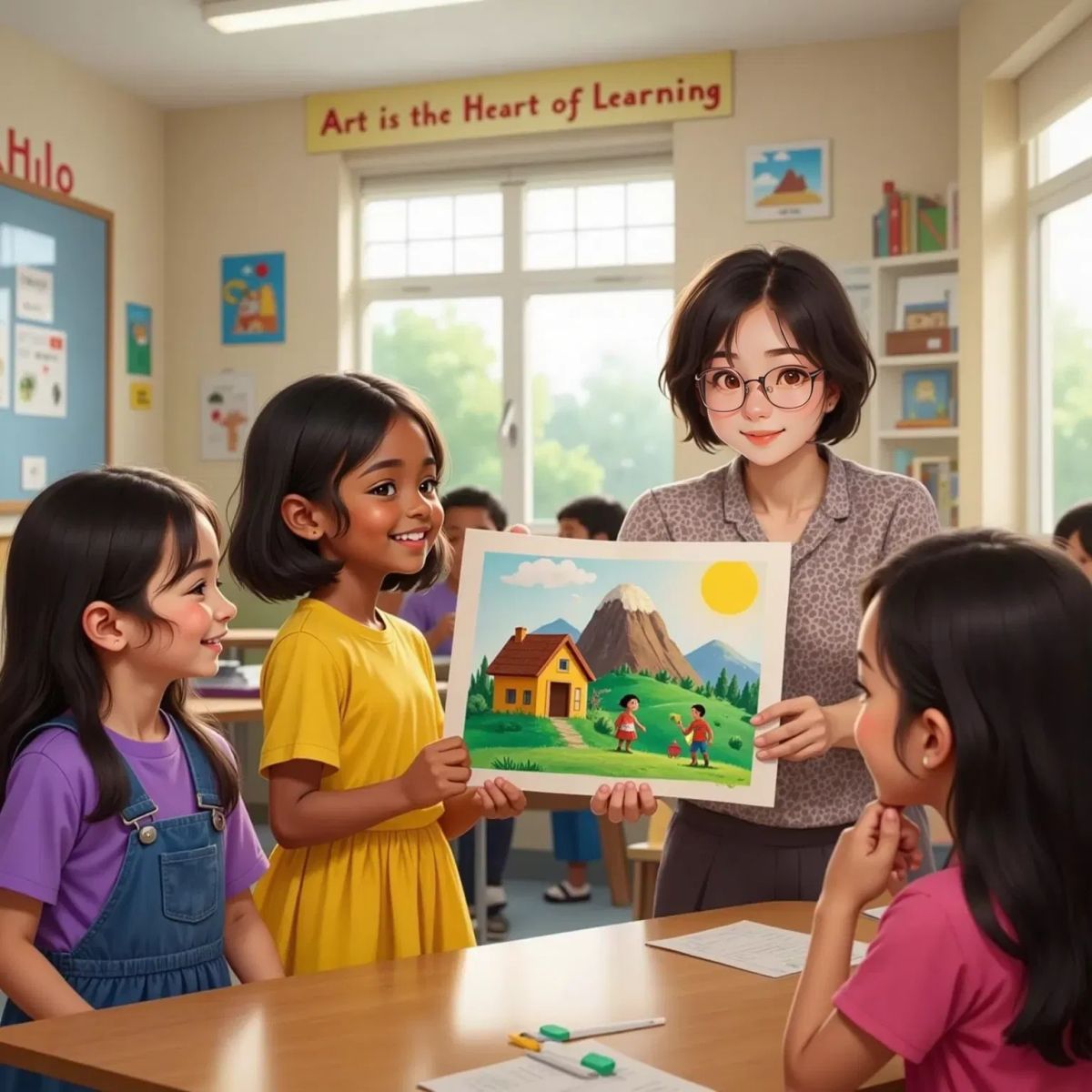 Mirasol, an 8yo little girl with medium black hair, stands proudly holding a colorful drawing of a mountain home and native dance. Amianan, an 8yo little girl with long black hair, stands beside her, both smiling. Mrs. Ramos, a 35yo woman, and classmates admire the artwork in a bright classroom.