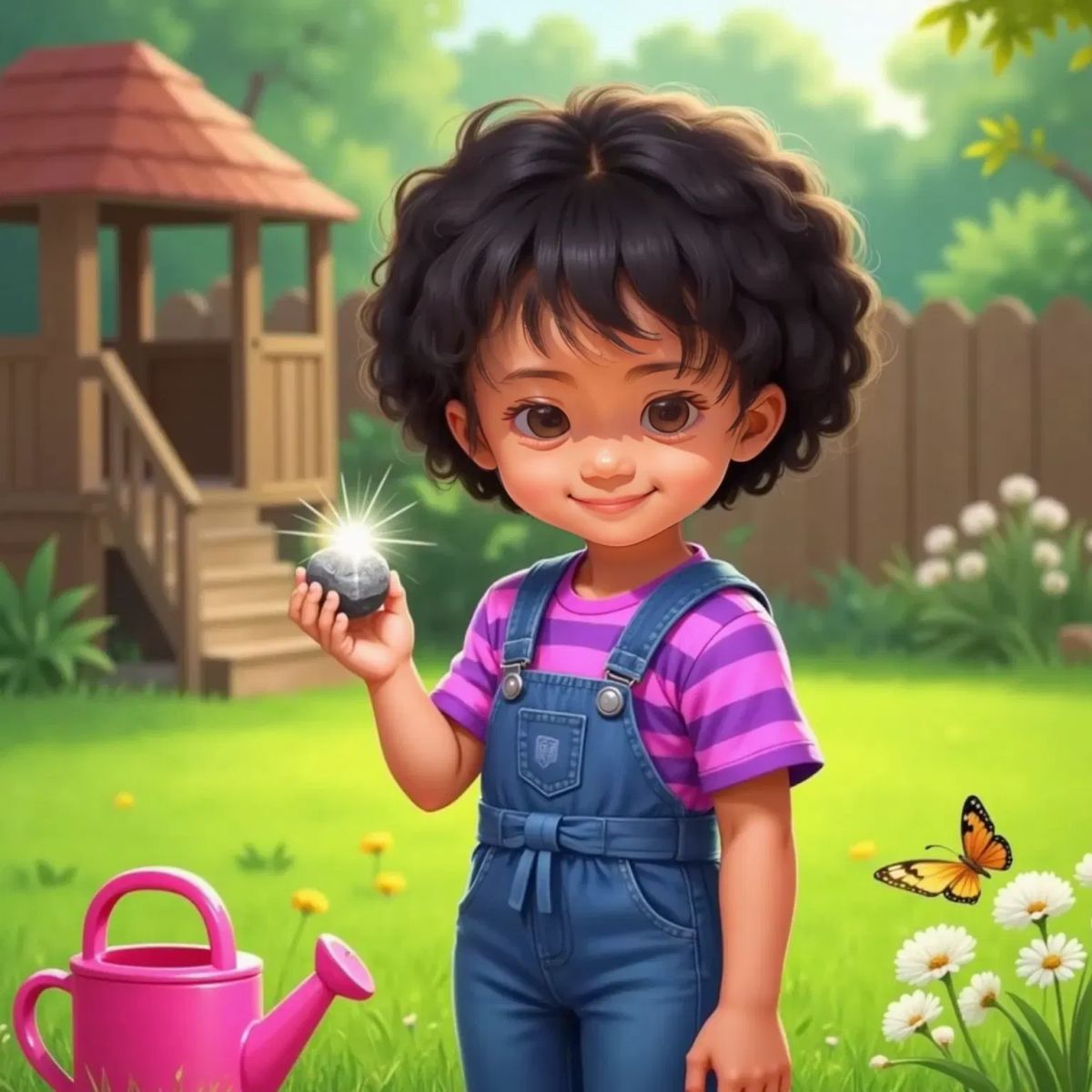 Nuha, a 3-year-old girl with short dark hair, holding a sparkling, shiny rock in her small hand, sunlight glinting off it. A grassy backyard in the background.