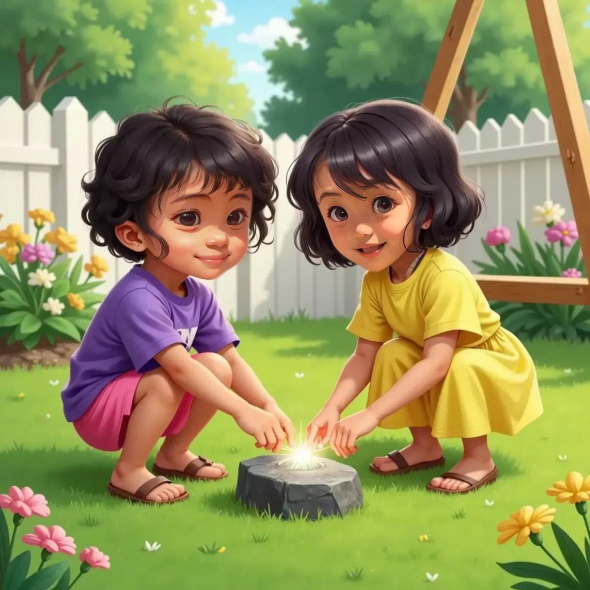 Nuha showing the shiny rock to Nayla, an 8-year-old girl with long dark hair. Both girls touch the sparkling rock together, eyes wide with excitement. A green backyard behind them.