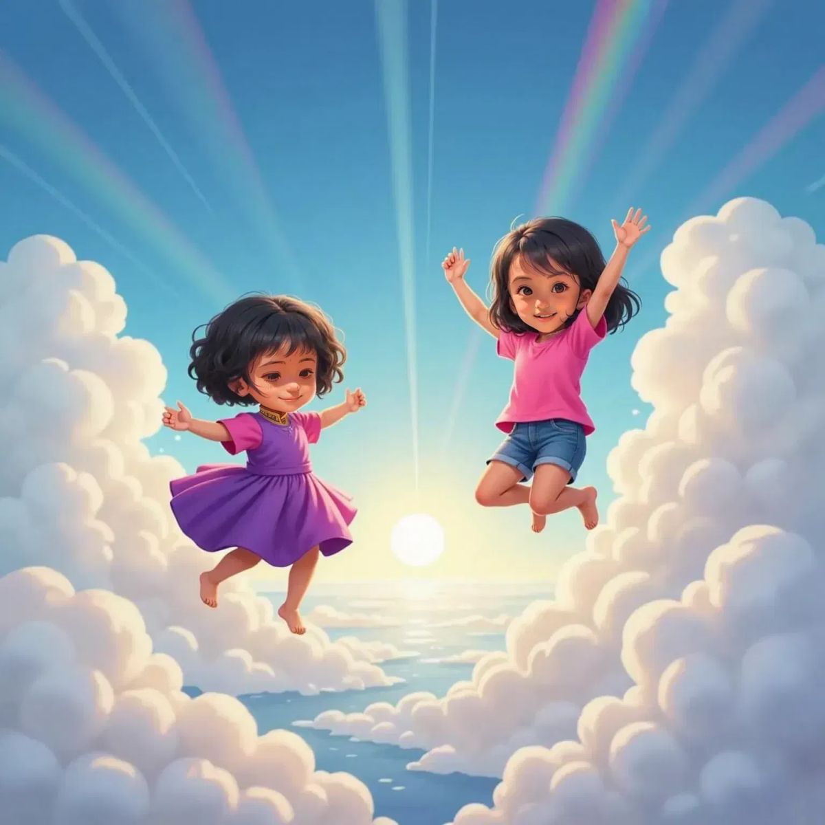 Nuha giggling and Nayla cheering, floating in fluffy white clouds with the sky open wide above them.