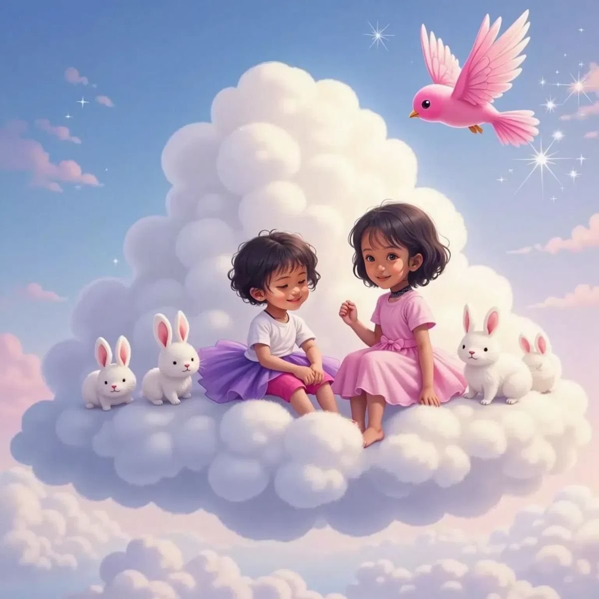 Nuha and Nayla sit on puffy clouds while white cloud bunnies bounce nearby and a pink bird flaps by.