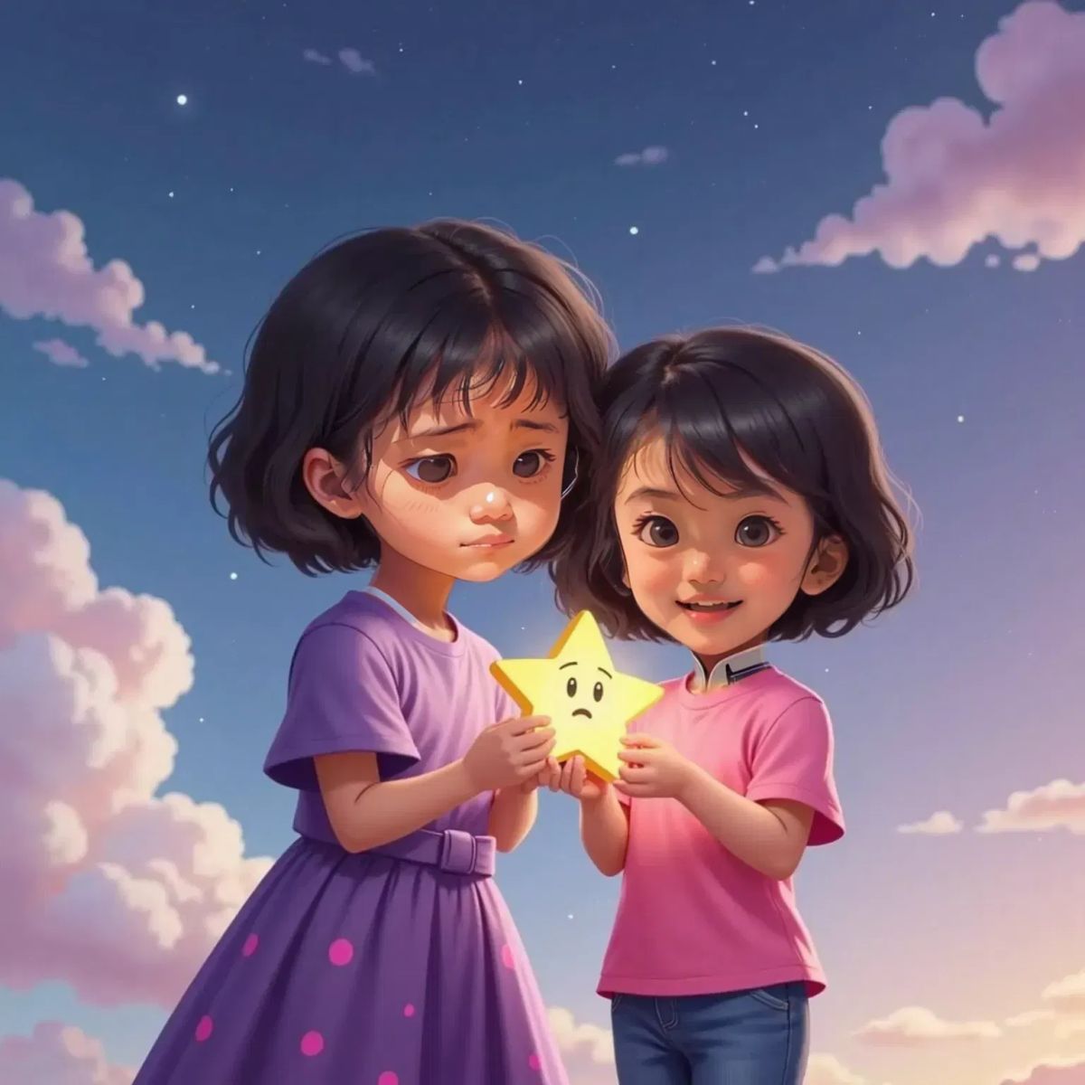 A tiny yellow star with a sad face, Nuha giving it a big hug, Nayla making a silly face. The star regains its twinkle and glows brightly. Puffy clouds all around.