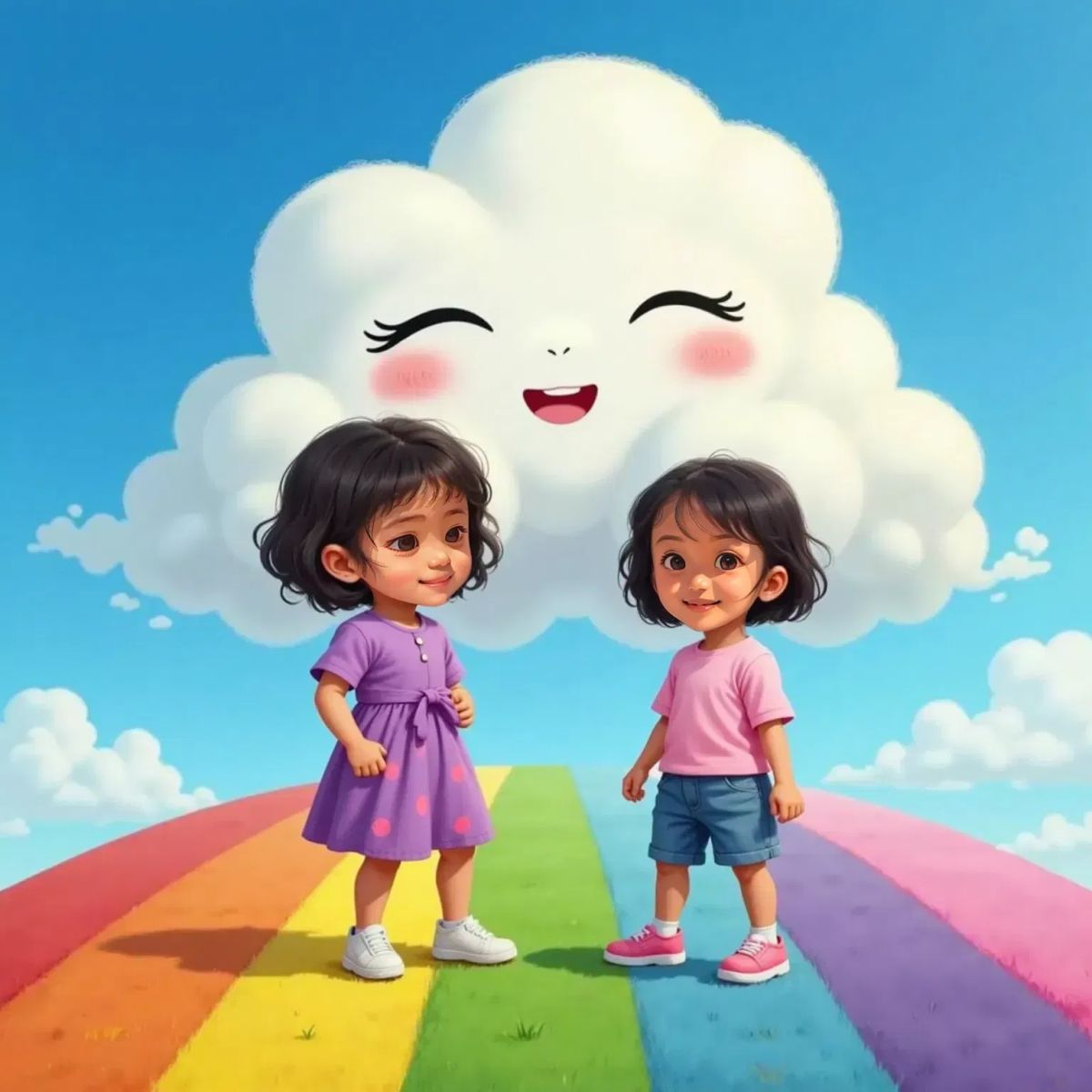 A wide, shiny rainbow path with a large, sleepy white cloud blocking the way. Nuha and Nayla stand together, both with silly, giggling faces.