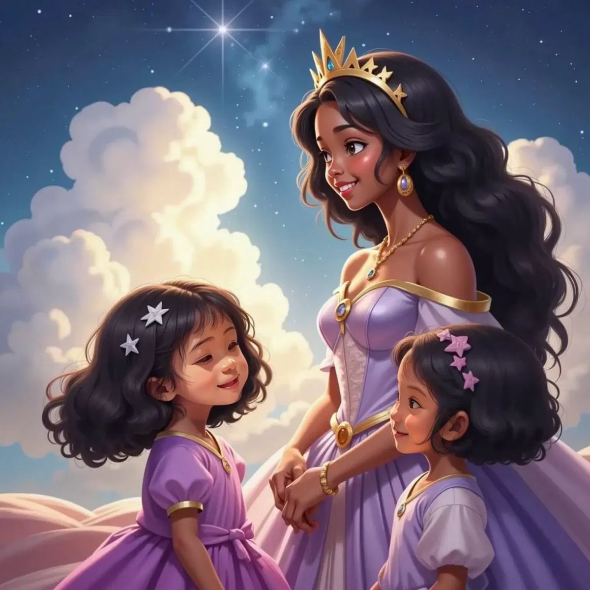 A regal Queen with dark skin, wearing stars in her long hair and a flowing gown, smiling warmly at Nuha and Nayla. Fluffy clouds and twinkling stars in the background.