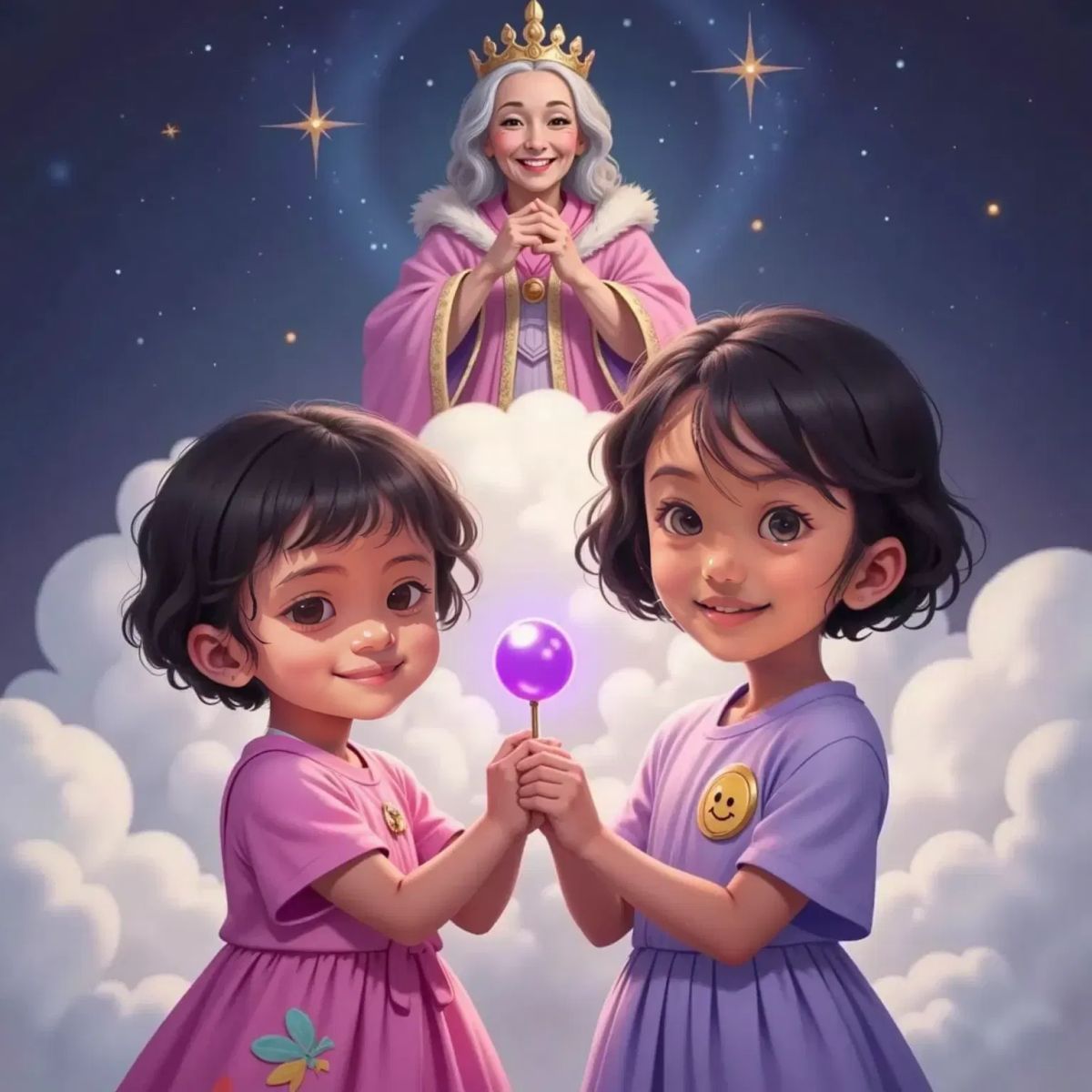 Nuha smiling, wearing a glowing ring on her finger. Nayla happy, wearing a moon-shaped badge on her shirt. Both girls holding hands, with the Queen in the background on a cloud.