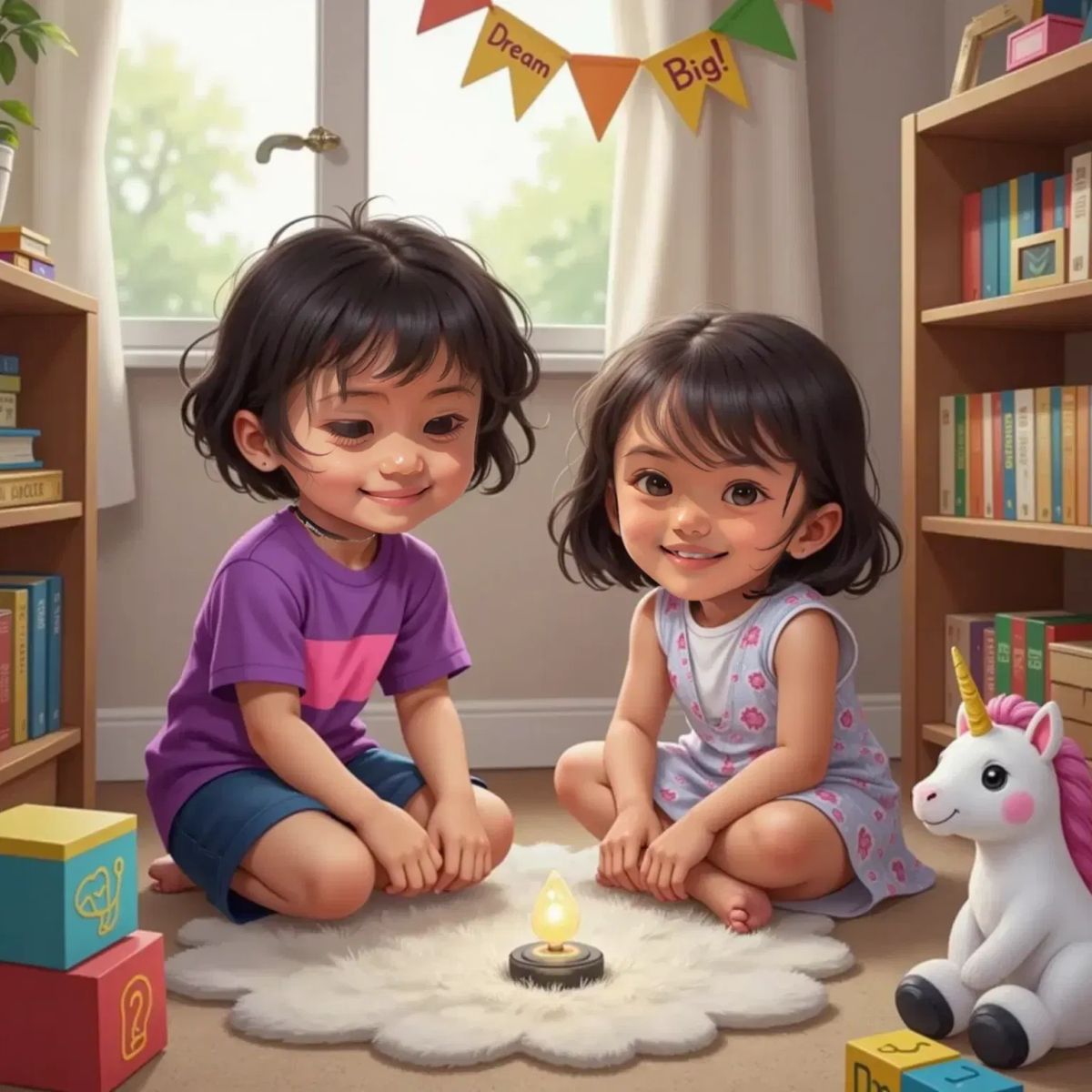 Nuha and Nayla sitting together on the floor of their cozy bedroom, the sparkling pebble on the floor between them. Nuha smiling, Nayla winking. Toys and books scattered around.