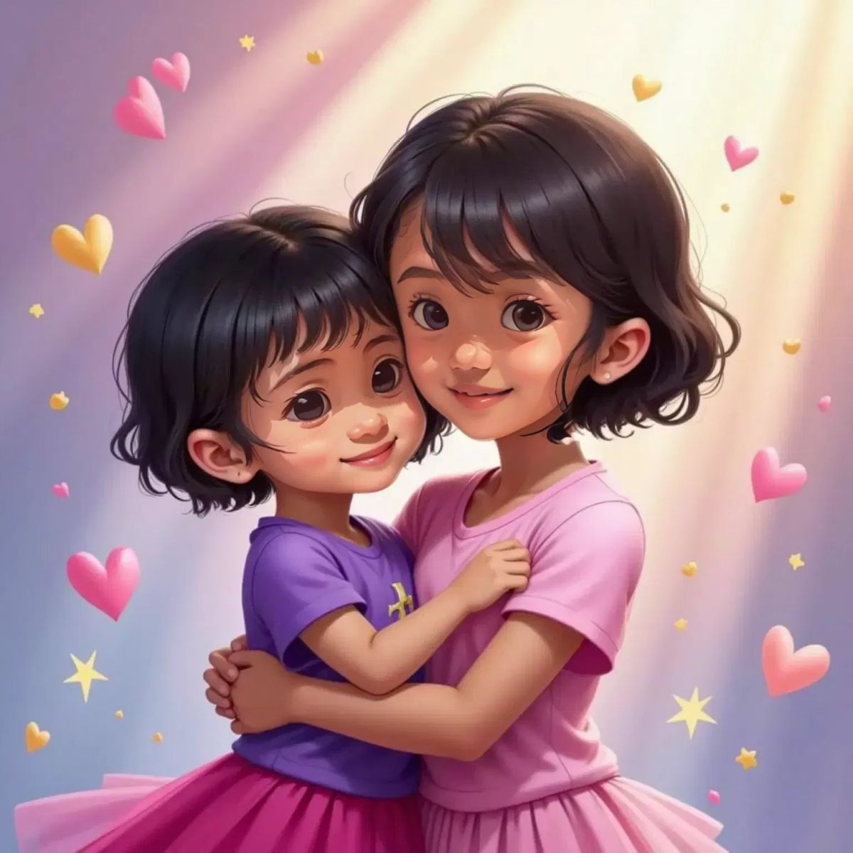 Nuha and Nayla hugging each other, surrounded by magical sparkles and hearts, with a soft pastel background.