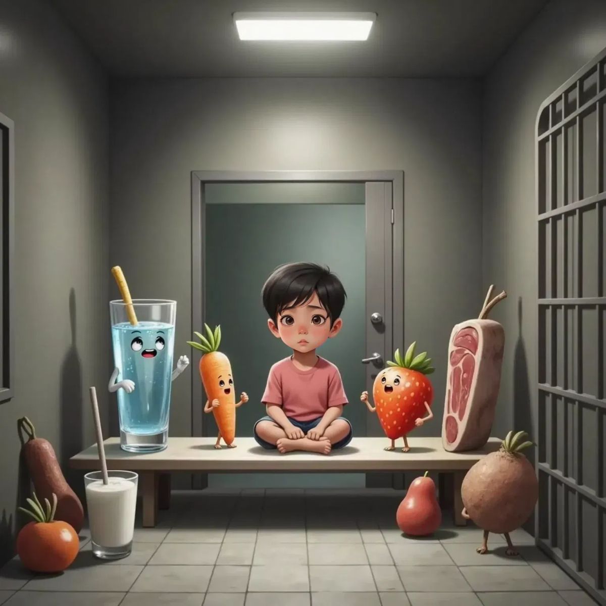 Glass of water with a cute sad face and cartoon hands speaks to Sameer. Strawberry, Carrot, Meat, and Glass of milk, all with cute faces, hands, and feet, stand around Sameer, who looks confused. Prison background.