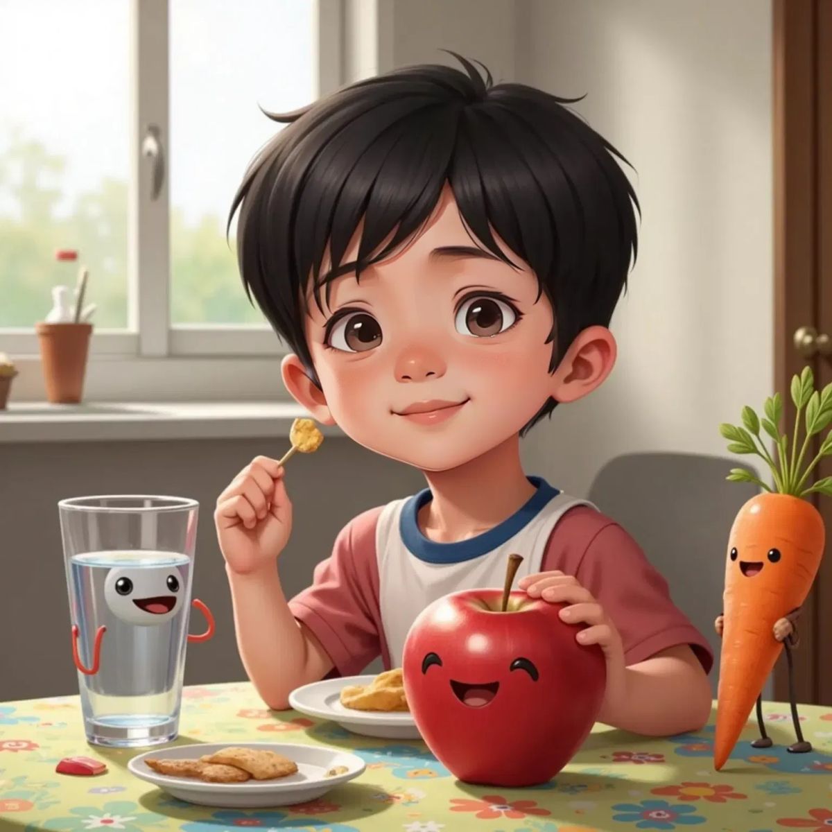 Sameer smiling at the breakfast table, happily eating a red apple and drinking from a glass of water with a cute face and cartoon hands. Carrot, Apple, and Glass of water cheer with happy faces from the table.