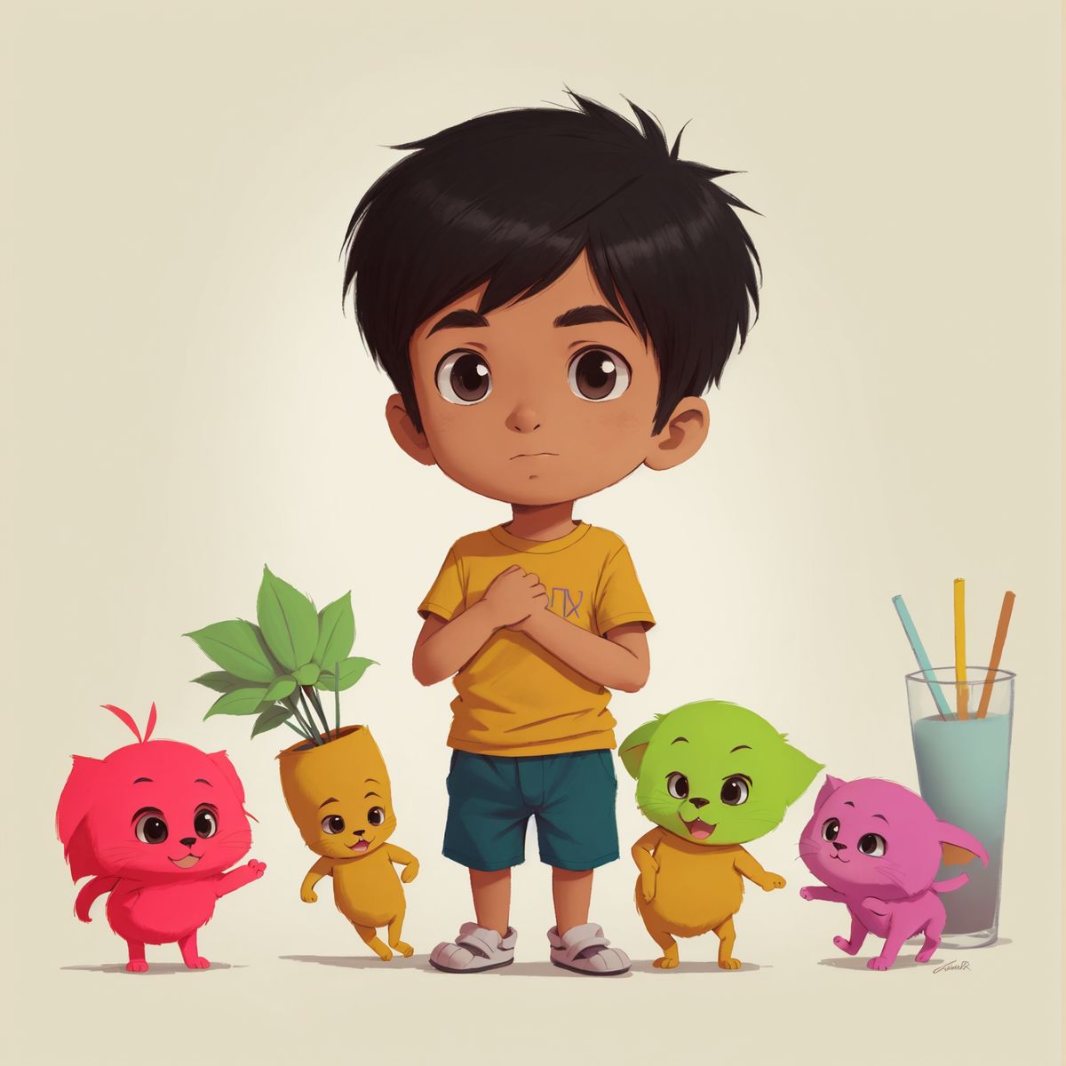 Sameer with very worried face , in front of him are fruits, glass of water, glass of milk, piece of meat and vegetables Gives its back to the background