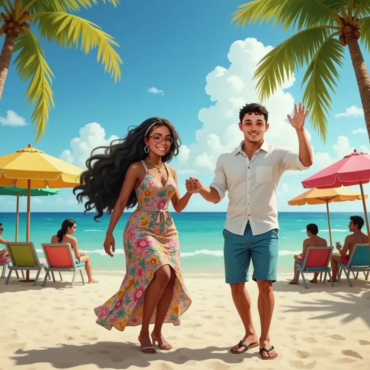 Mummy with long brown hair wearing a floral dress, dancing in the sunshine at a lively Gold Coast beach party. Daddy, a smiling man with short dark hair in a white shirt and shorts, stands nearby, waving. Palm trees and the ocean in the background.