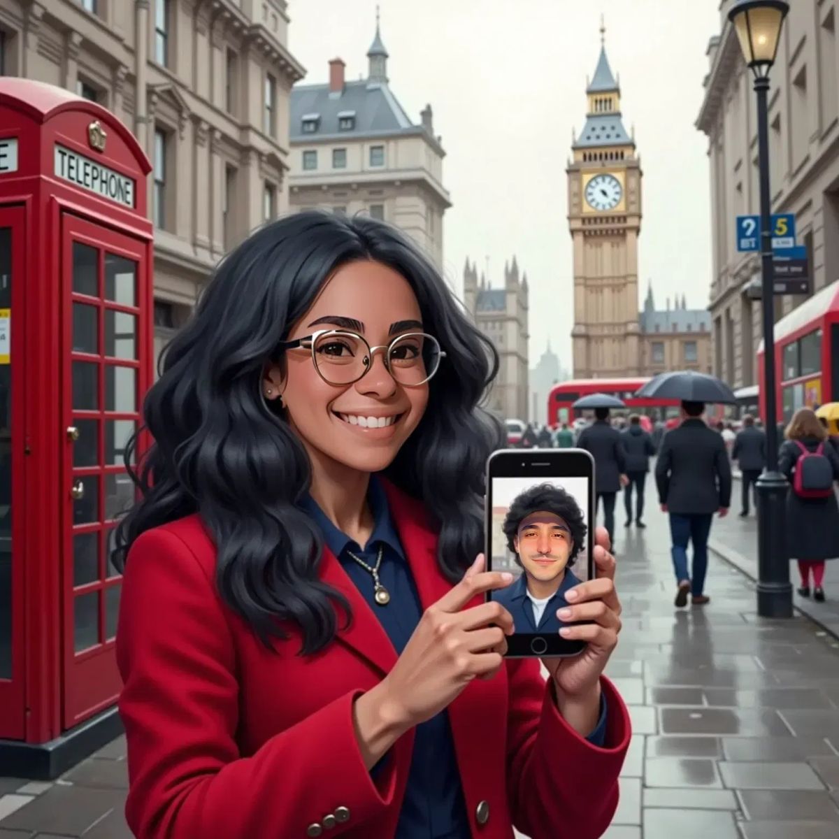 Mummy in a red coat standing on a London street with a red double-decker bus and Big Ben in the background, smiling at her phone during a video call. Daddy's happy face appears on the phone screen.