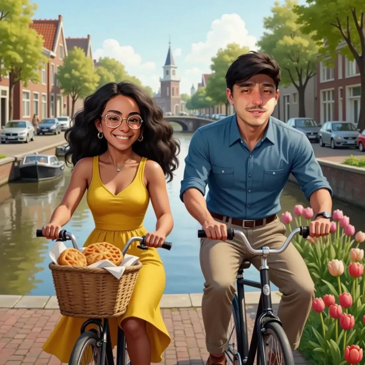 Mummy and Daddy riding bicycles along an Amsterdam canal lined with colorful tulips. Both are laughing, with Daddy ringing his bike bell and a basket of waffles on Mummy's bike.