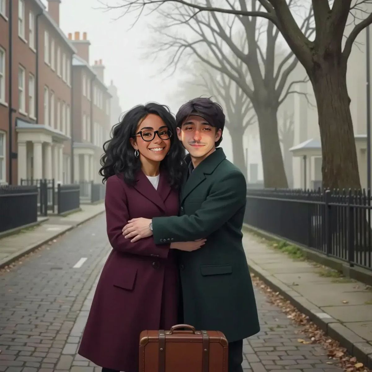 Daddy surprising Mummy on a chilly London morning, both smiling and hugging tightly on a cobblestone street with bare trees and a suitcase beside them.