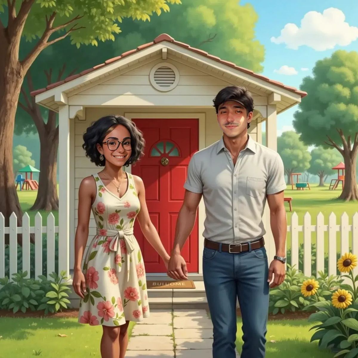 Mummy and Daddy standing in front of a small, cozy house with a red door and a park in the background. Both are smiling and holding hands, looking at their new home.