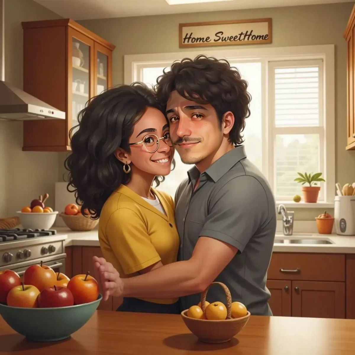 Mummy with a joyful expression telling Daddy the baby news in a bright kitchen. Daddy looks surprised and excited, hugging Mummy as they stand beside a table with a fruit bowl.
