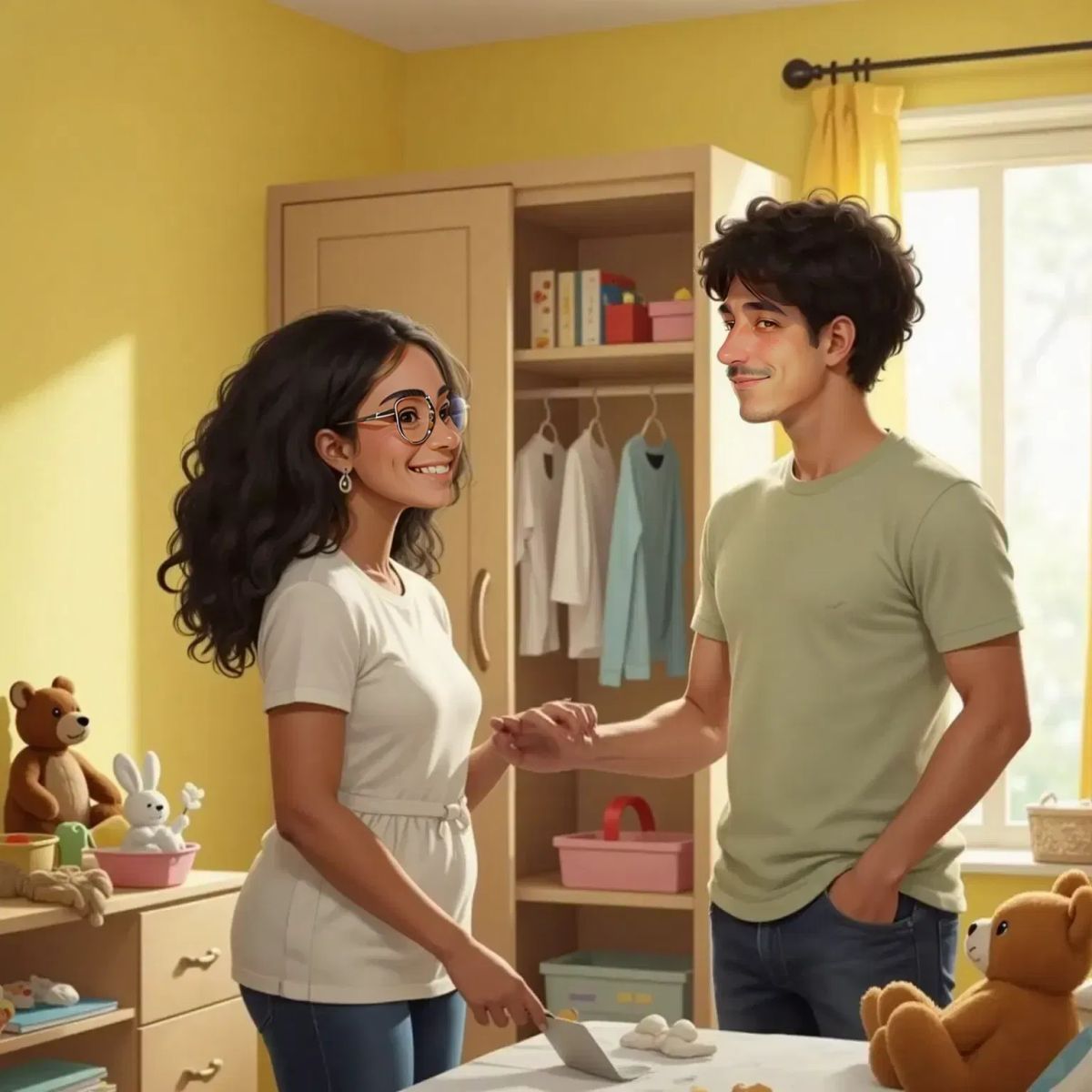 Mummy and Daddy painting a baby’s room yellow together. Small baby clothes and soft plush toys are neatly arranged nearby. Both look happy and hopeful.