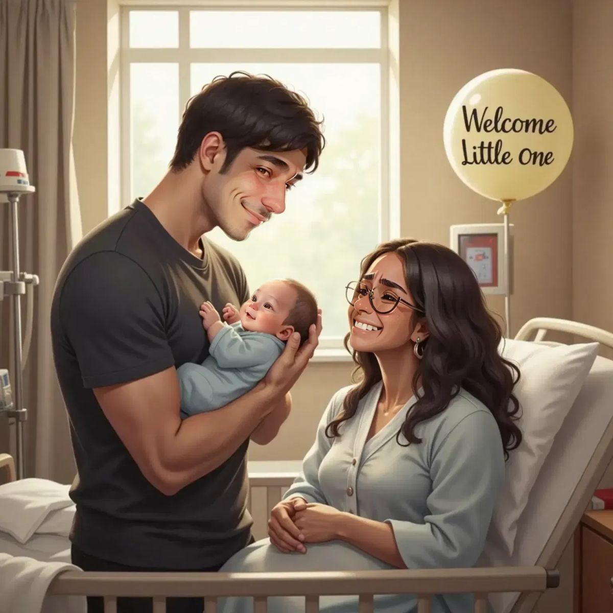 Daddy gently holding newborn Leo, a tiny baby with a bald round head and tiny nose, in a cozy hospital room. Mummy sits nearby with happy tears and a soft smile.