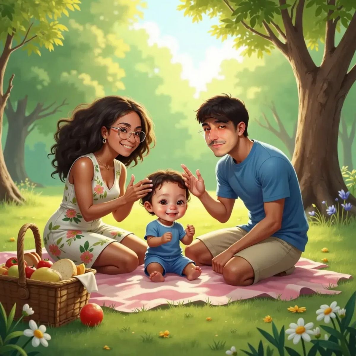 Mummy, Daddy, and baby Leo sitting on a picnic blanket in a sunny park, playing peek-a-boo. Leo is clapping and grinning, Mummy and Daddy are smiling warmly.