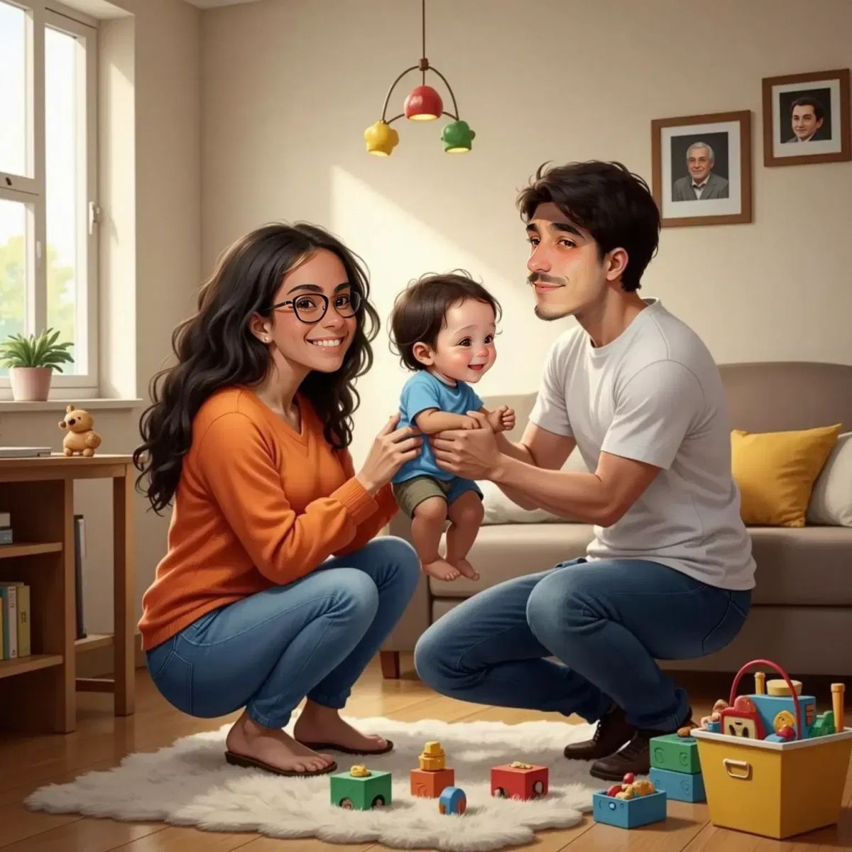 Mummy kneeling beside Leo, telling him exciting news. Daddy, smiling, lifts Leo high in the air. Leo giggles, looking curious. Their cozy home with toys in the background.