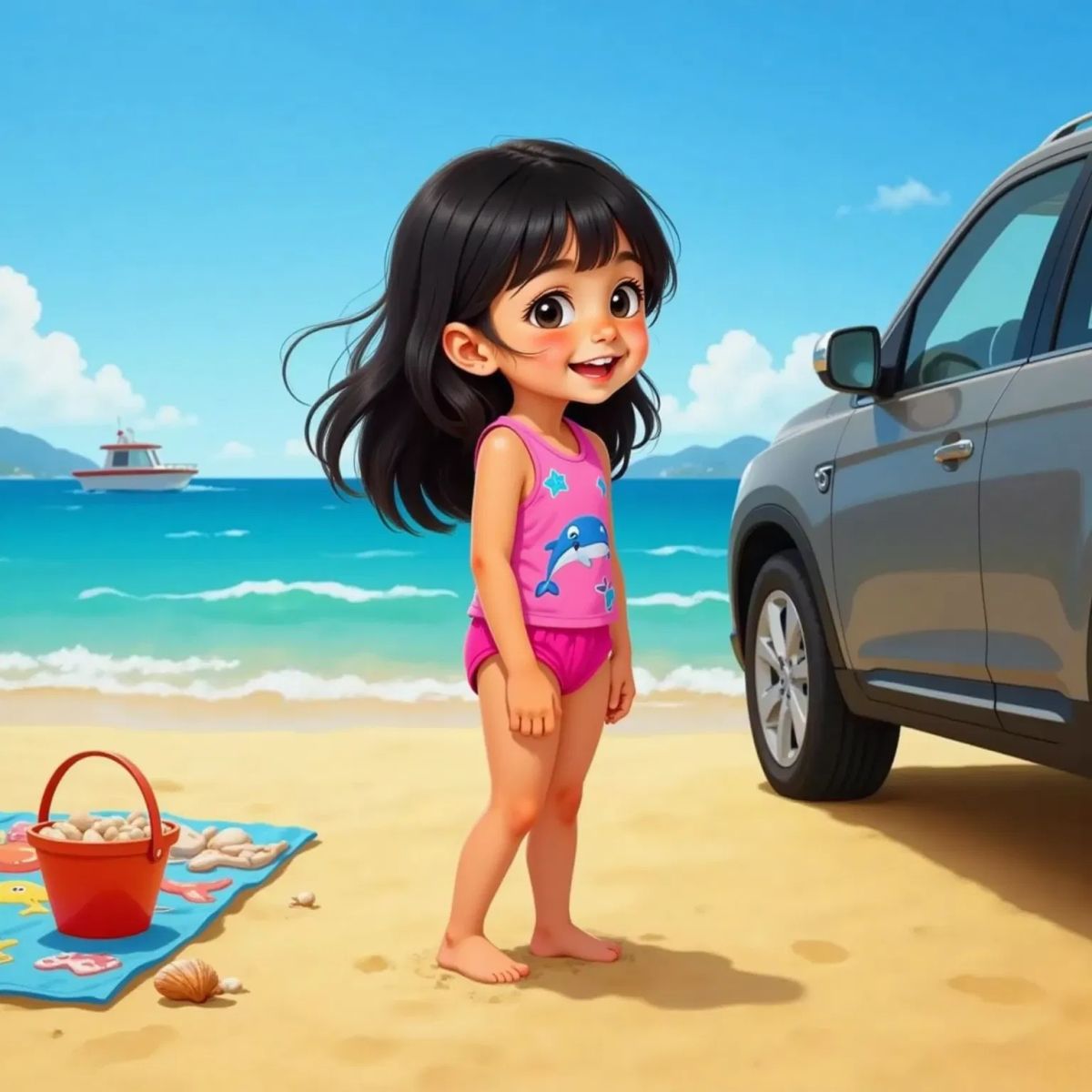 Sophia with long black hair, smiling as she stands on golden sand next to a parked car, the blue sea visible in the background.