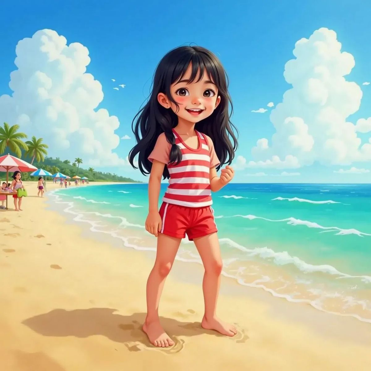 Sophia barefoot, giggling as she wiggles her toes into warm golden sand, a bright sunny sky above.