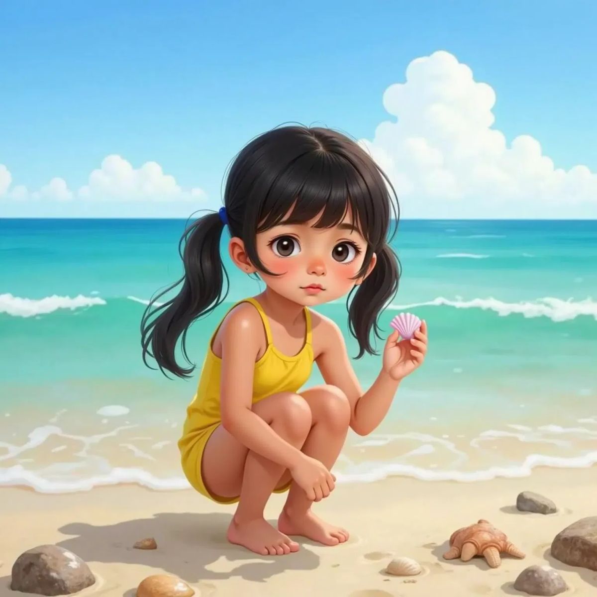 Sophia holding up a tiny pink shell, kneeling near the shoreline with gentle waves in the background.