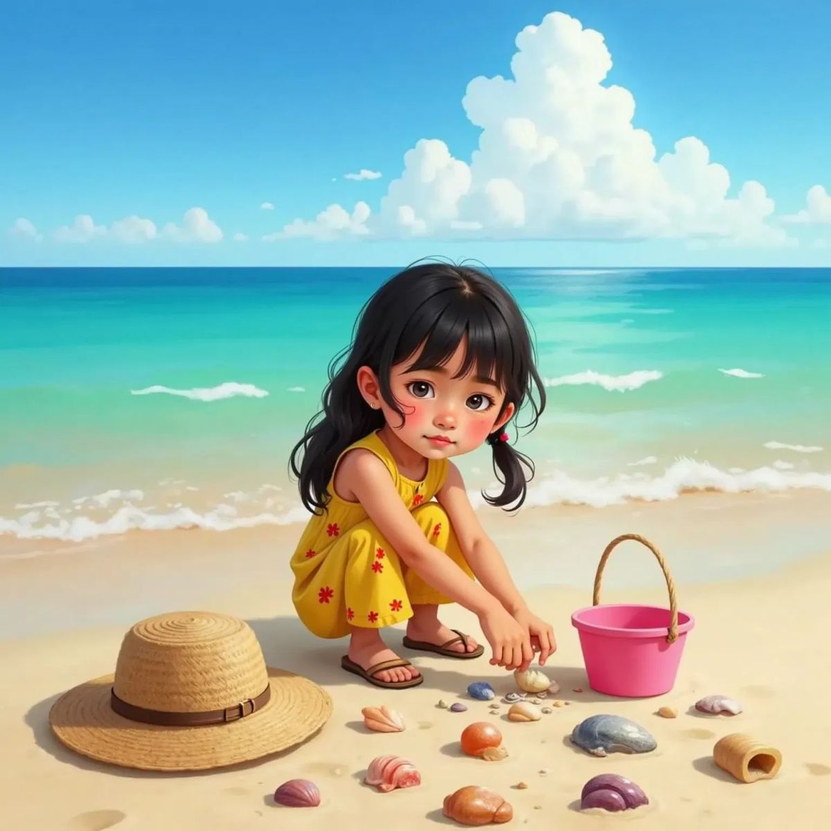 Sophia crouched by the water, collecting colorful shells of different shapes and sizes in her hands.