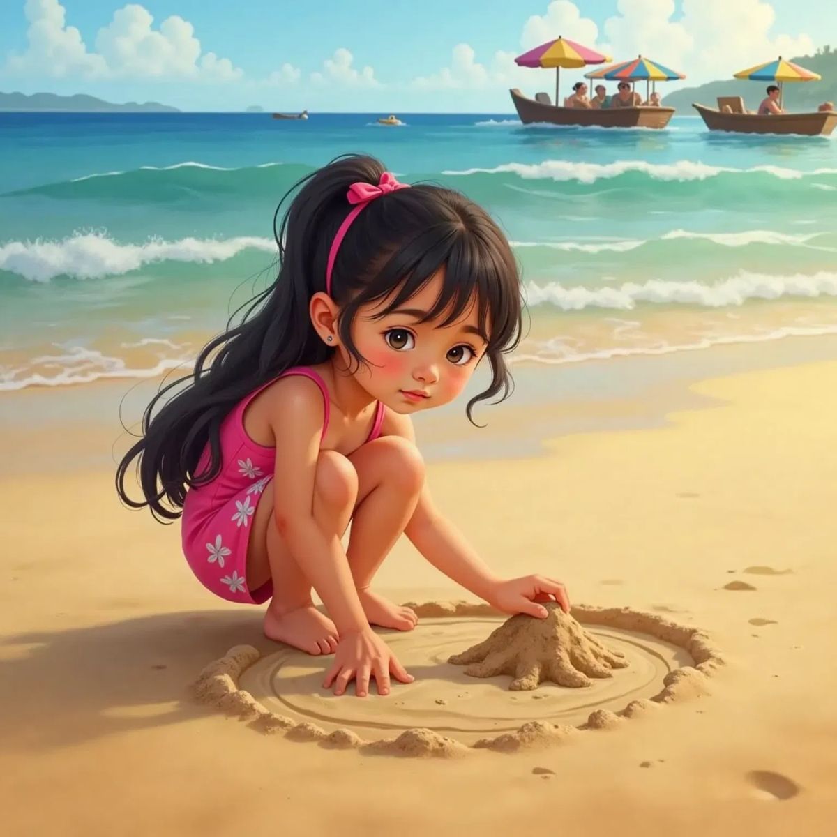Sophia drawing a large circle in the sand with her finger, a small pile of sand forming a moat beside her.