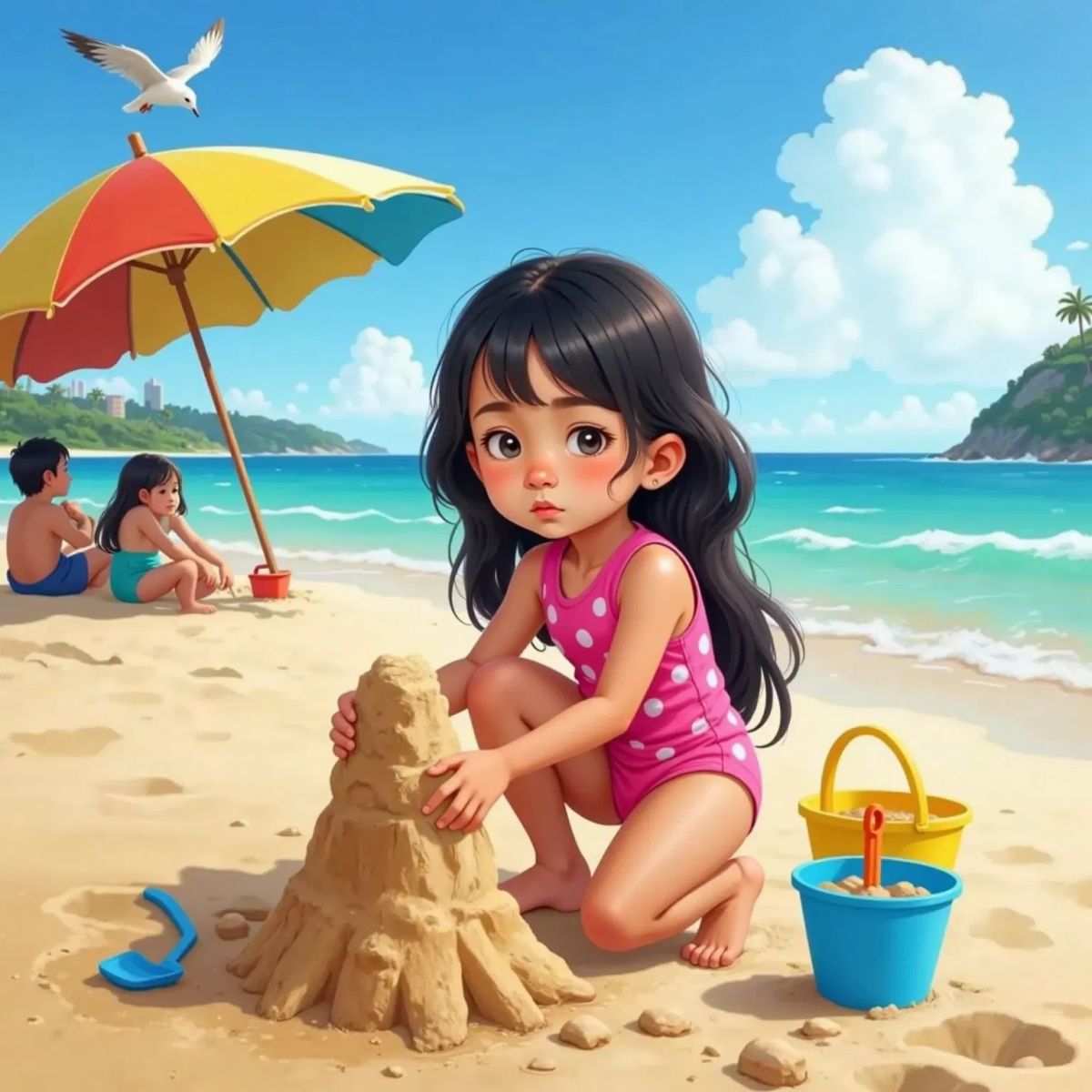 Sophia patting wet sand into tall towers, her face full of concentration, with buckets and a shovel nearby.