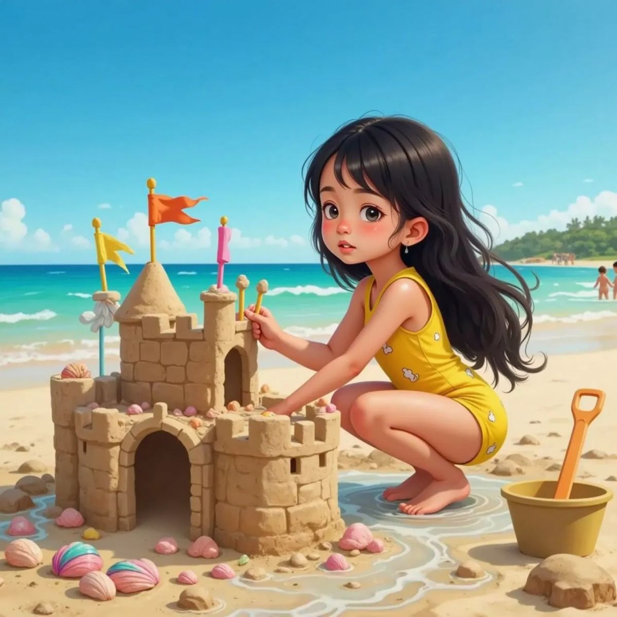 Sophia pressing shiny pink and colorful shells around the sandcastle walls, smiling proudly at her creation.