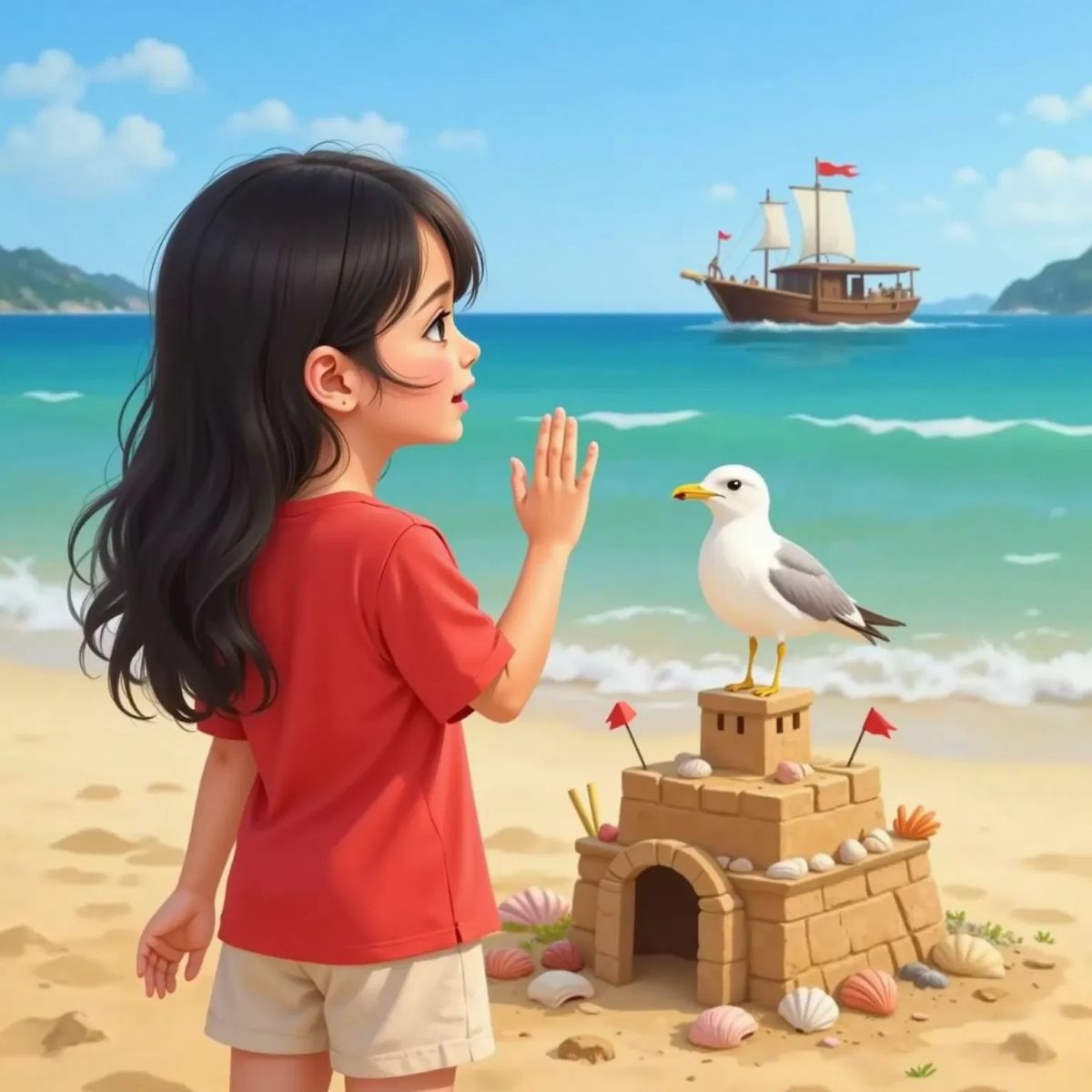 A curious seagull with white feathers and a yellow beak standing near Sophia, who waves at the bird, her sandcastle in the background.