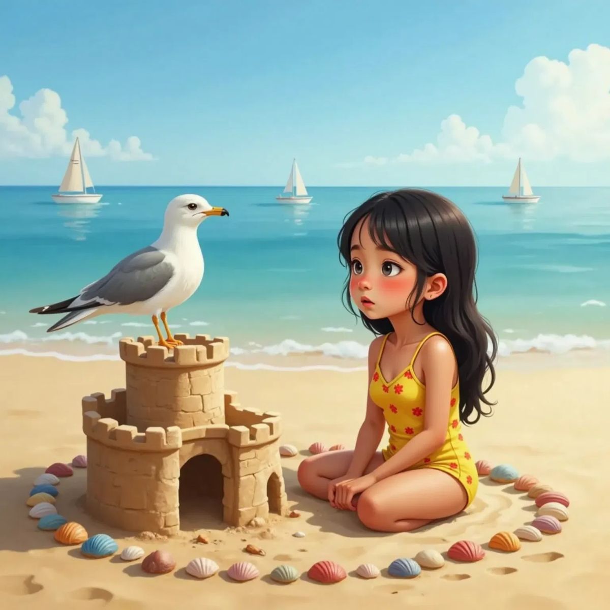 Sophia sitting next to her sandcastle, talking to the seagull, with shells displayed around the castle, both looking at each other.