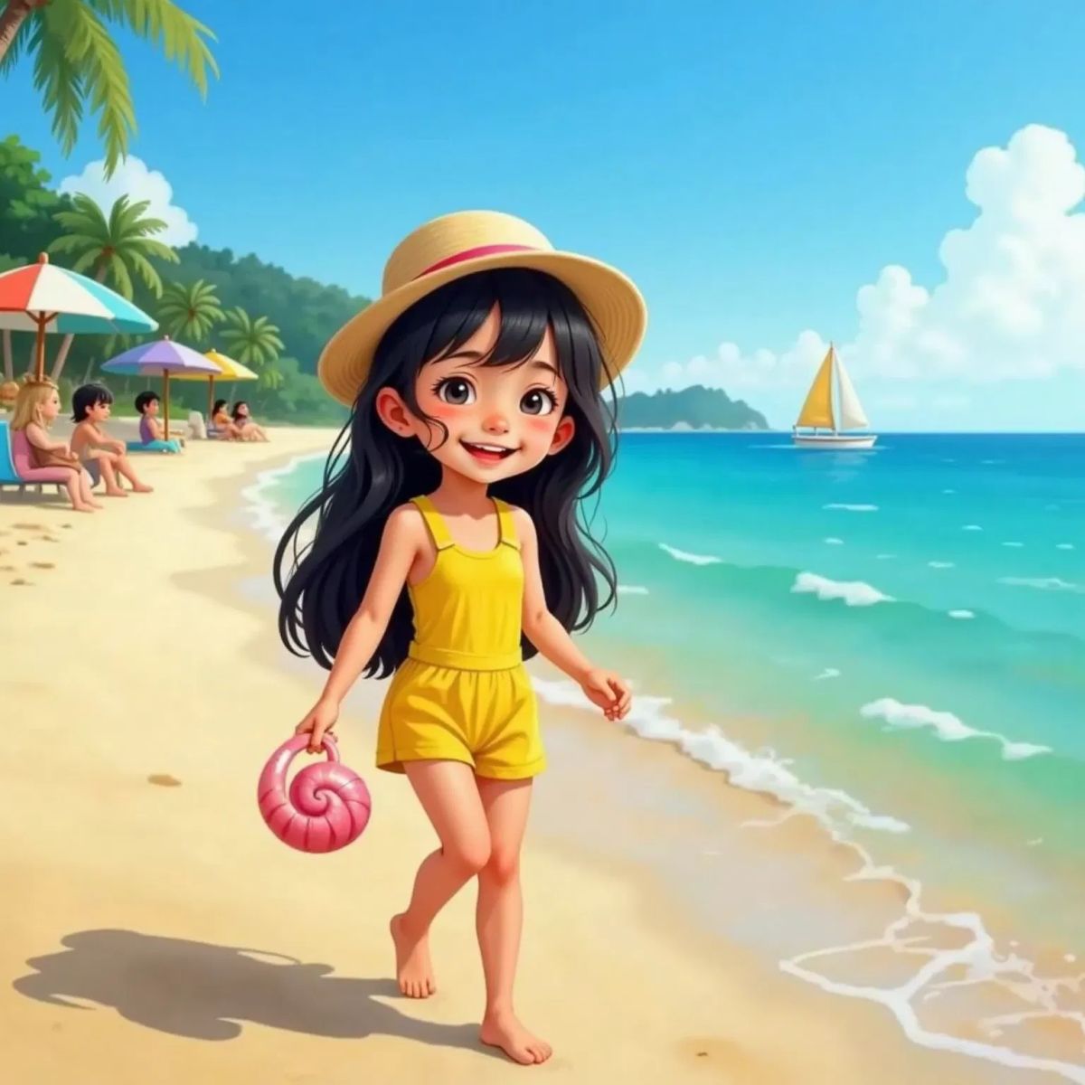 Sophia walking away from the beach, holding a single pink shell in her hand, looking back with a happy smile.