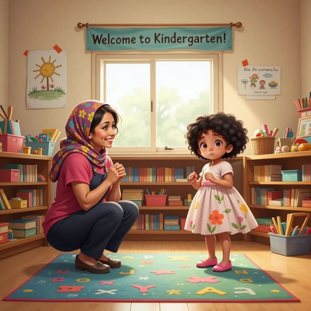 Mila standing in a kindergarten room, looking up curiously at a smiling female educator with a colorful headscarf. Toys and drawings in the background.