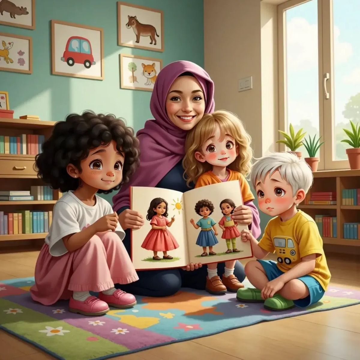 Mila, Serena, and Tom sitting on the floor in a circle, wide-eyed and amazed, looking at bright pictures of traditional clothing shown by a smiling female educator with a colorful headscarf. Classroom walls decorated with children's artwork.