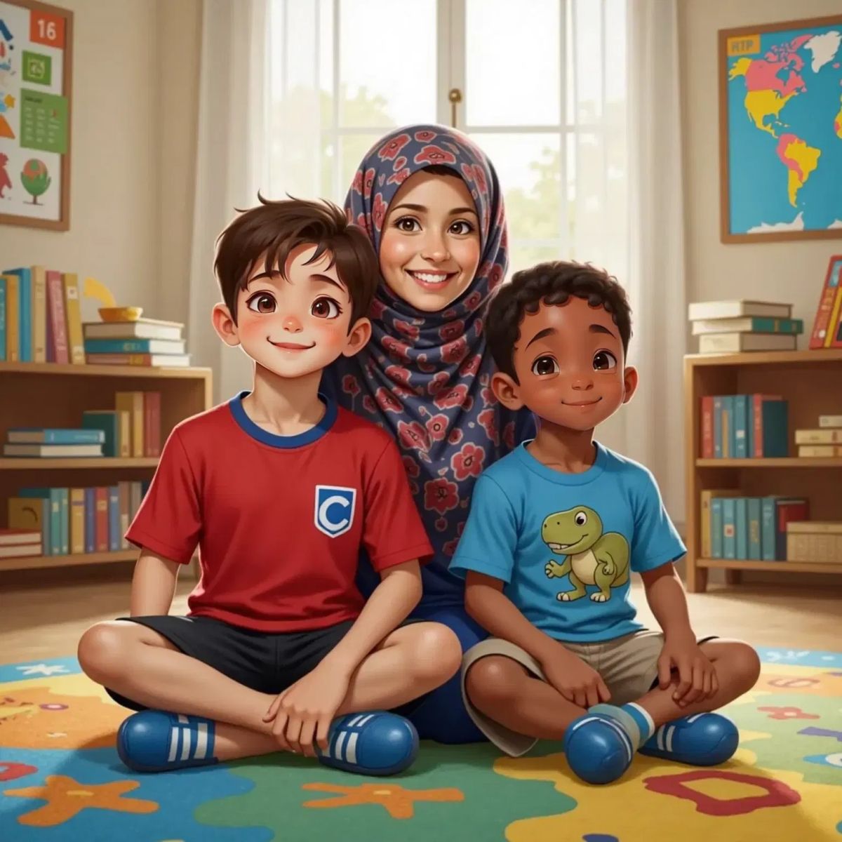 Samuel and aj sitting together on the carpet, smiling and looking thoughtful. In the background, a female educator with a colorful headscarf nods encouragingly.