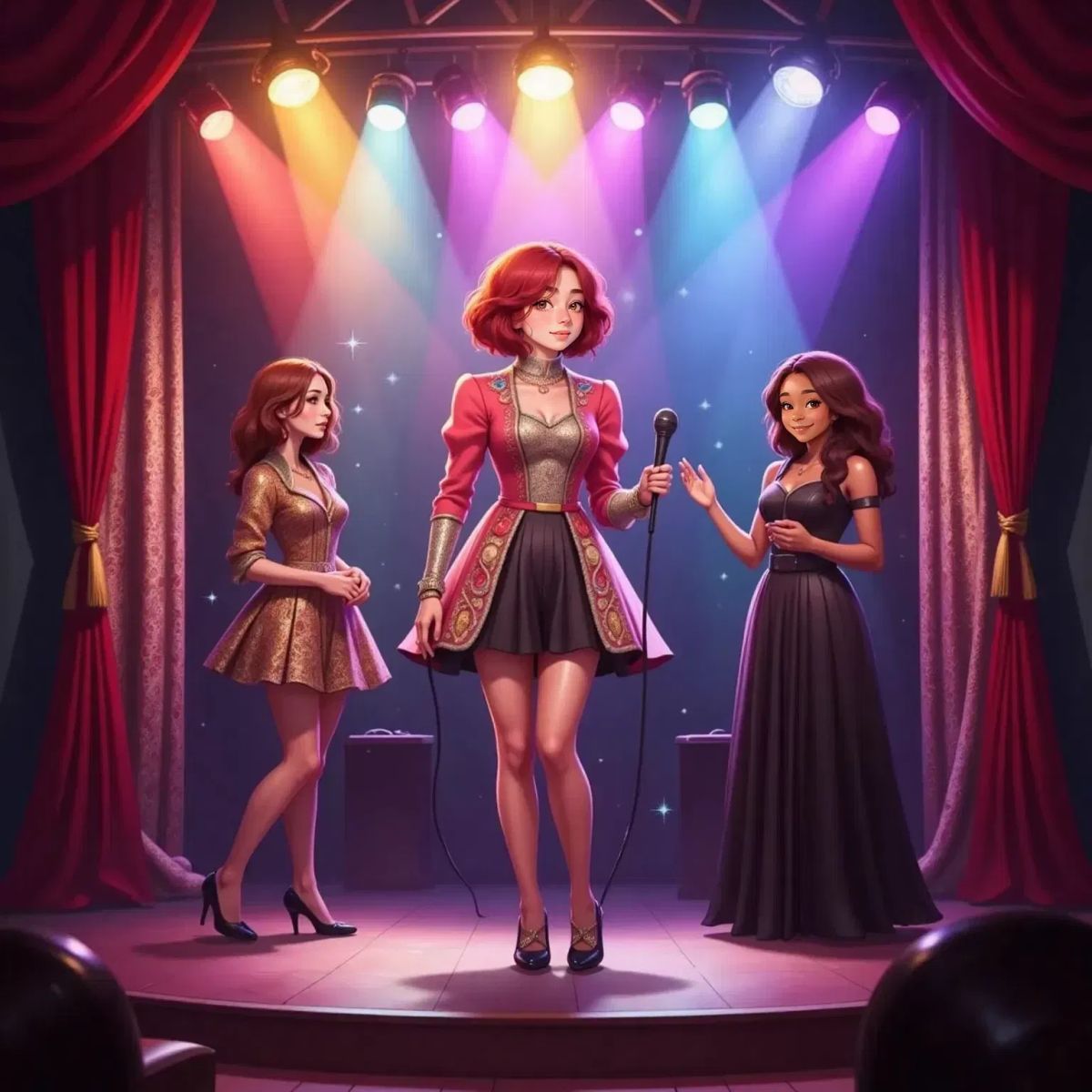 Chappell Roan spinning on stage in her bright outfit, Billie Eilish singing into a microphone. Beyoncé standing at the side, nodding with approval. Stage curtains behind them.