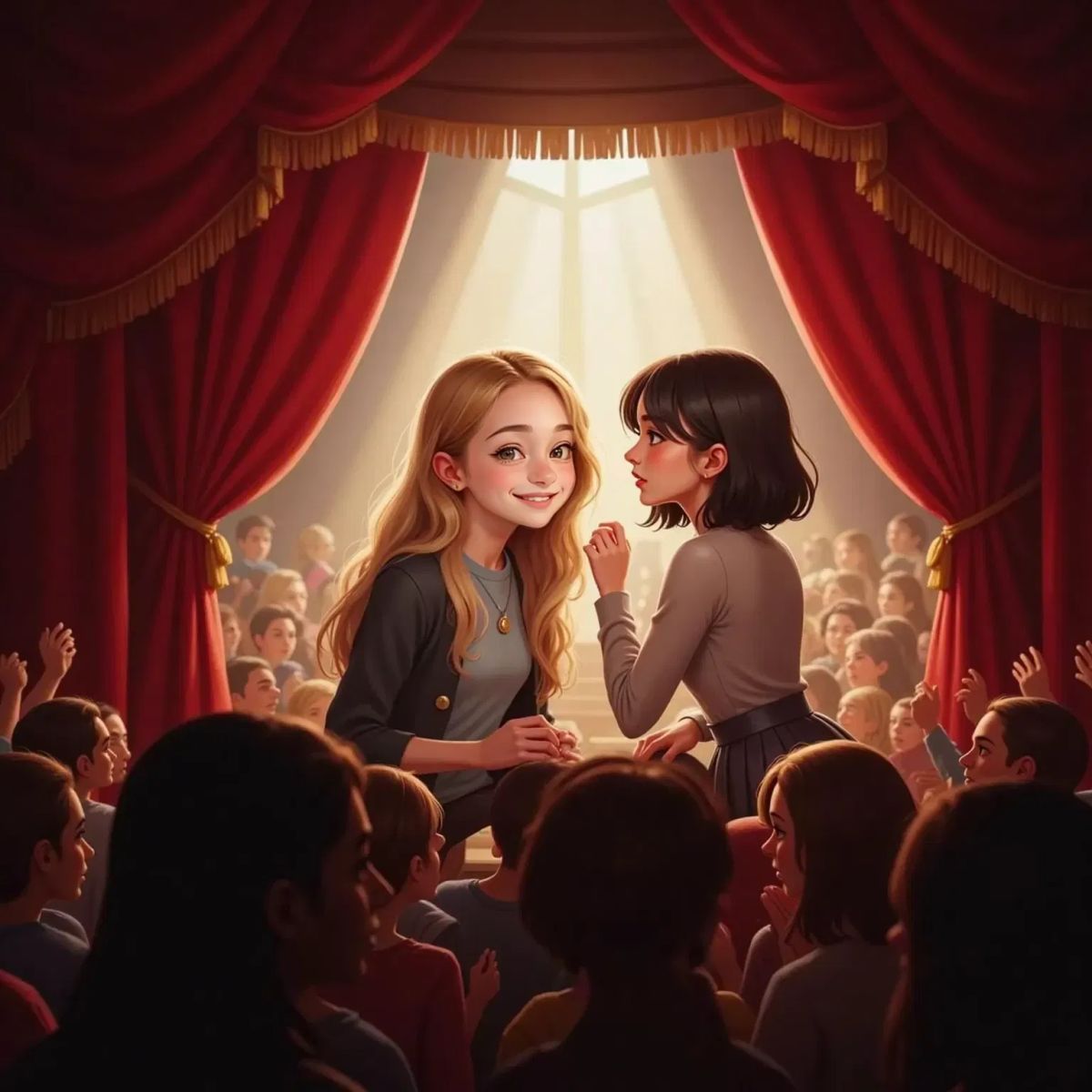 Sabrina Carpenter whispering to Billie Eilish at the edge of a brightly lit stage, red curtains parting. Audience silhouettes visible in the foreground, clapping.