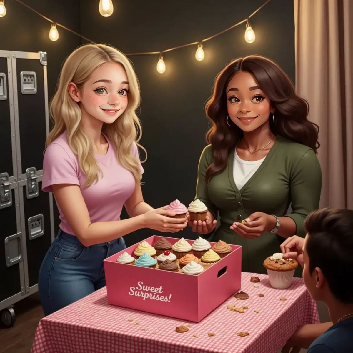 Sabrina Carpenter handing out cupcakes backstage, Beyoncé holding a cupcake and smiling. The group gathered around a table, laughing together.