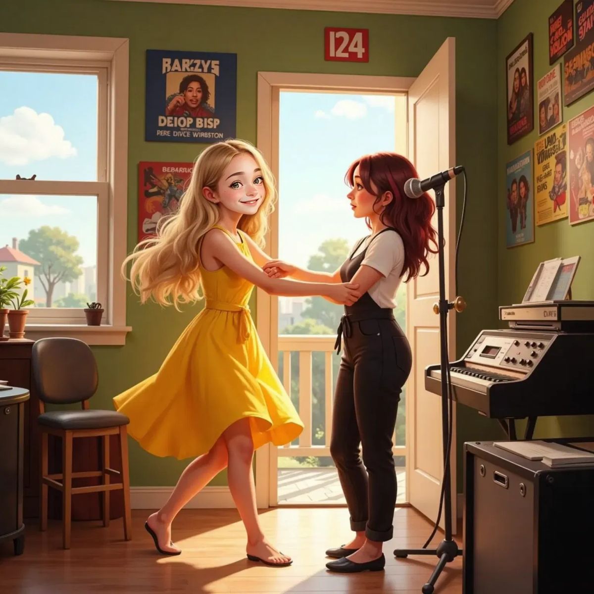 Sabrina Carpenter dancing into a bright room with a wide smile, hugging Billie Eilish. Musical posters on the walls and a microphone stand nearby.
