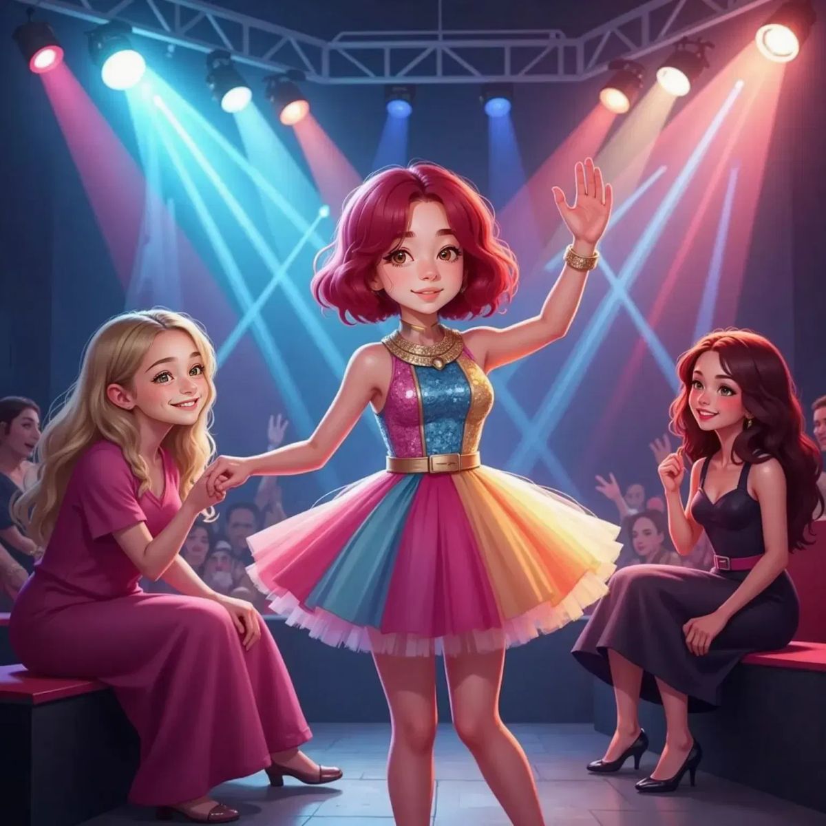 Chappell Roan in a dazzling bright outfit, waving and twirling on stage. Sabrina Carpenter and Billie Eilish sitting on the edge of the stage, giggling. Colorful spotlights overhead.