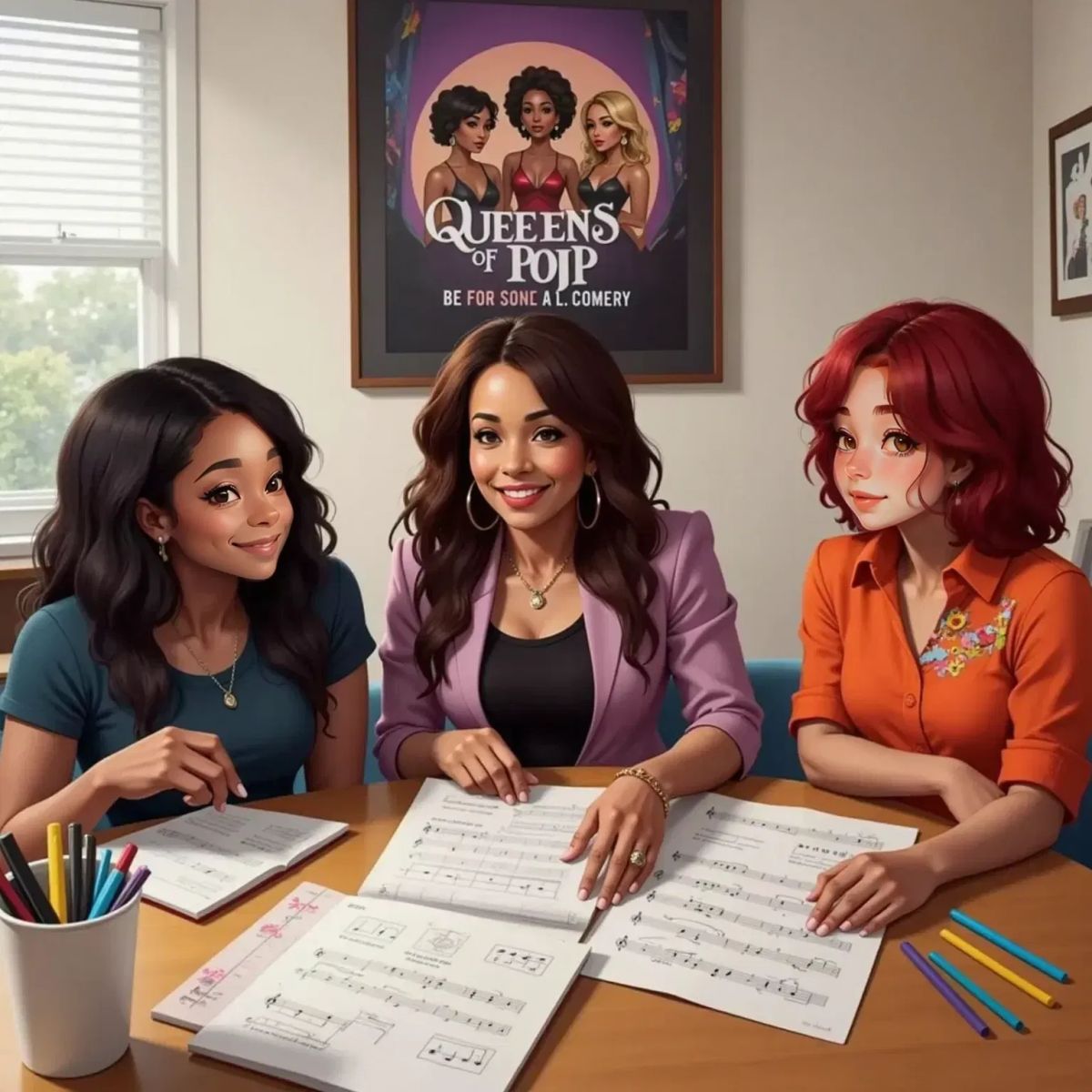 Beyoncé smiling warmly, sitting at a table with Billie Eilish and Chappell Roan. Sheets of music and colorful pens scattered on the table. A concert poster on the wall.