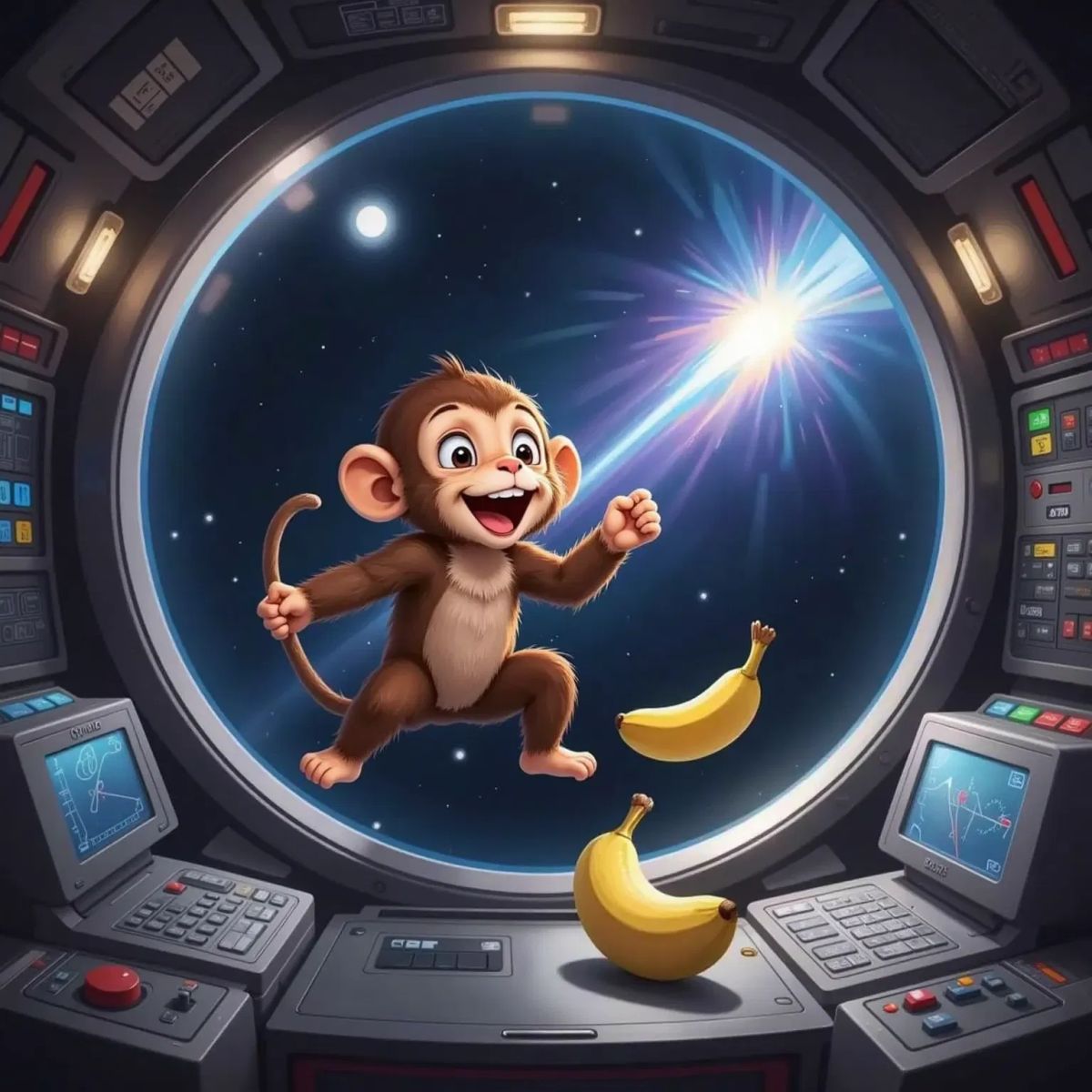 Gizmo, smiling and floating inside a spaceship cabin with a floating banana snack. A window shows a sparkling comet passing by.